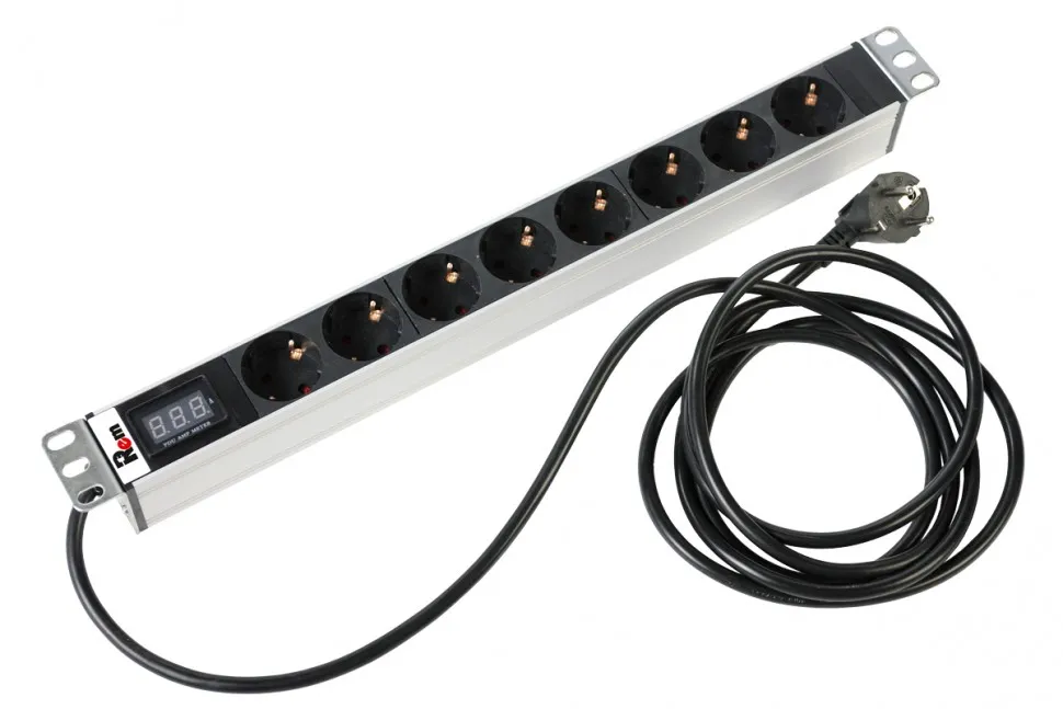 Блок розеток 19", Rem-16, с амперметром, 8 розеток Schuko, 16A, алюм., шнур 3м., Rem