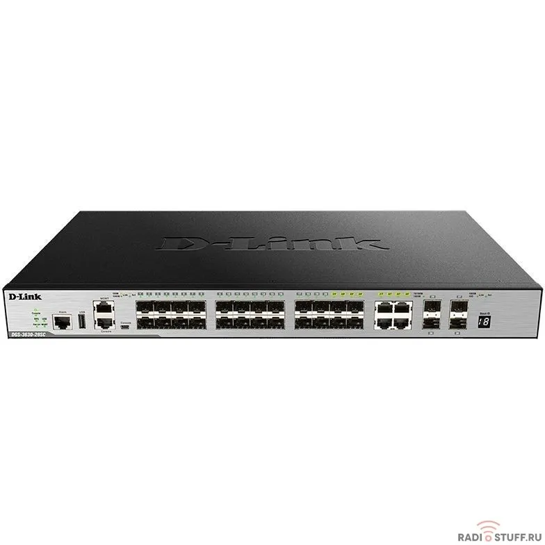 D-Link DGS-3630-28SC/A2ASI PROJ Управляемый стекируемый коммутатор 3 уровня с 20 портами 1000Base-X SFP, 4 комбо-портами 10/100/1000Base-T/SFP, 4 портами 10GBase-X SFP+ и Standard Image