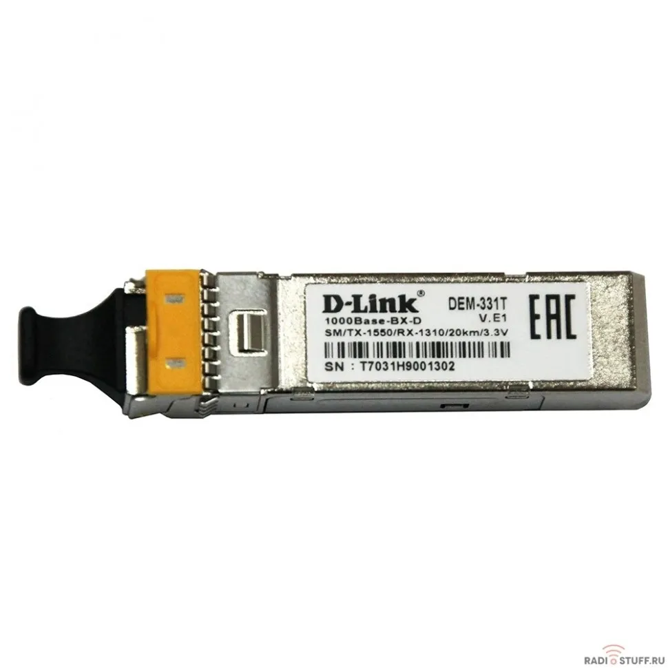 D-Link 331T/20KM/A1A WDM SFP-трансивер с 1 портом 1000BASE-BX-D (Tx:1550 нм, Rx:1310 нм) для одномодового оптического кабеля