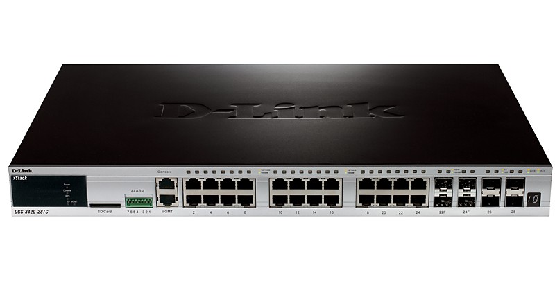 D-Link DGS-3420-28TC/B1A PROJ Управляемый стекируемый коммутатор 3 уровня с 20 портами 10/100/1000Base-T, 4 комбо-портами 100/1000Base-T/SFP и 4 портами 10GBase-X SFP+